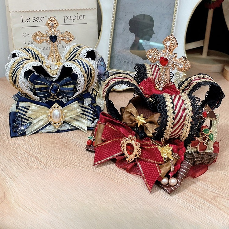 Red/Blue/Brown Mini Crown Rhinestone Bowknot Cross Details Decorated Hat