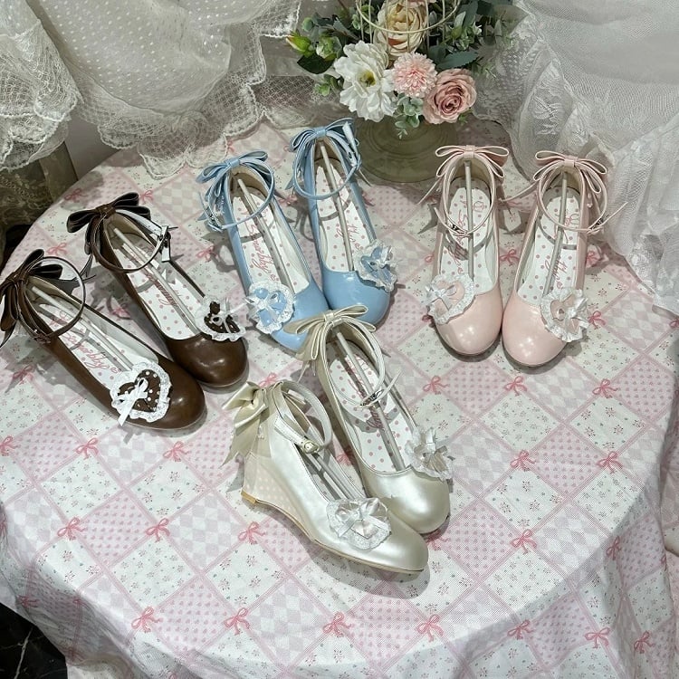Pink Sweet Lolita Wedge Mary Janes – Detachable Lace Heart & Bow Accents | SANERBBY