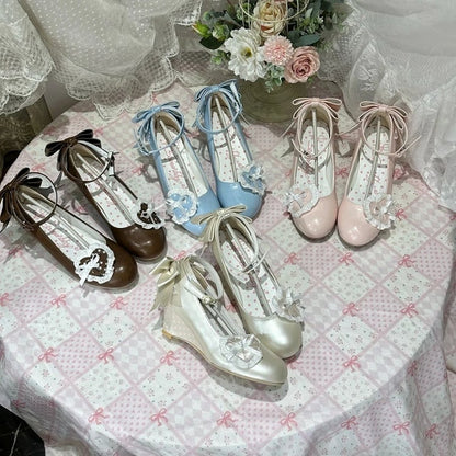 - Janes Heart Wedge Detachable Pink Mary Sweet PU Trimmed Lace Lolita