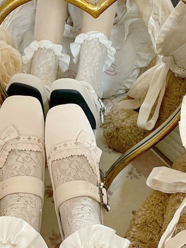 White Snap Mary with - Openwork Low-heel/Mid-heel Sophisticated Floral Design Janes Lolita