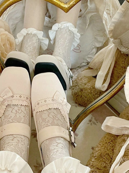 White Snap Mary with - Openwork Low-heel/Mid-heel Sophisticated Floral Design Janes Lolita