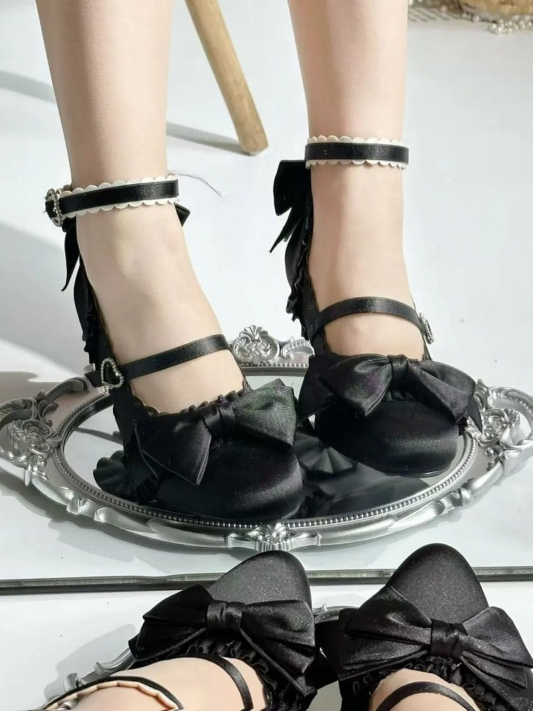 Heel Sculpted Mary Heart with Ruffle Trim Satin Lolita - Black Janes Crystal Elegant Closure