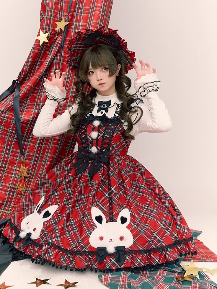 Chirstmas Red Plaid Jumper Skirt with Embroidered Fluffy Bunny Accents
