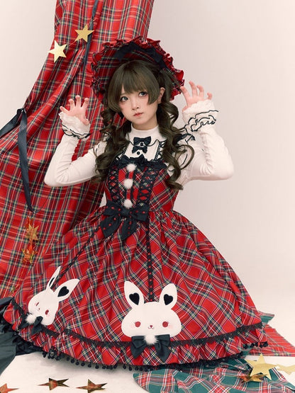 Chirstmas Red Plaid Jumper Skirt with Embroidered Fluffy Bunny Accents