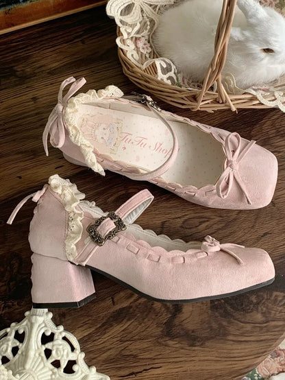 Mid - Toe Bow Lolita Pink Elegant for Square Heel Mary Janes Accent with