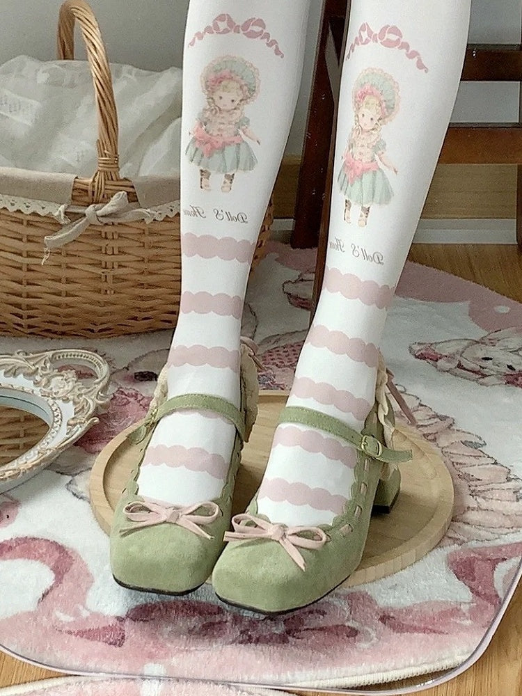 Design Jane - Green Square Lolita Toe for Pink Bow with Classic Mary Heels