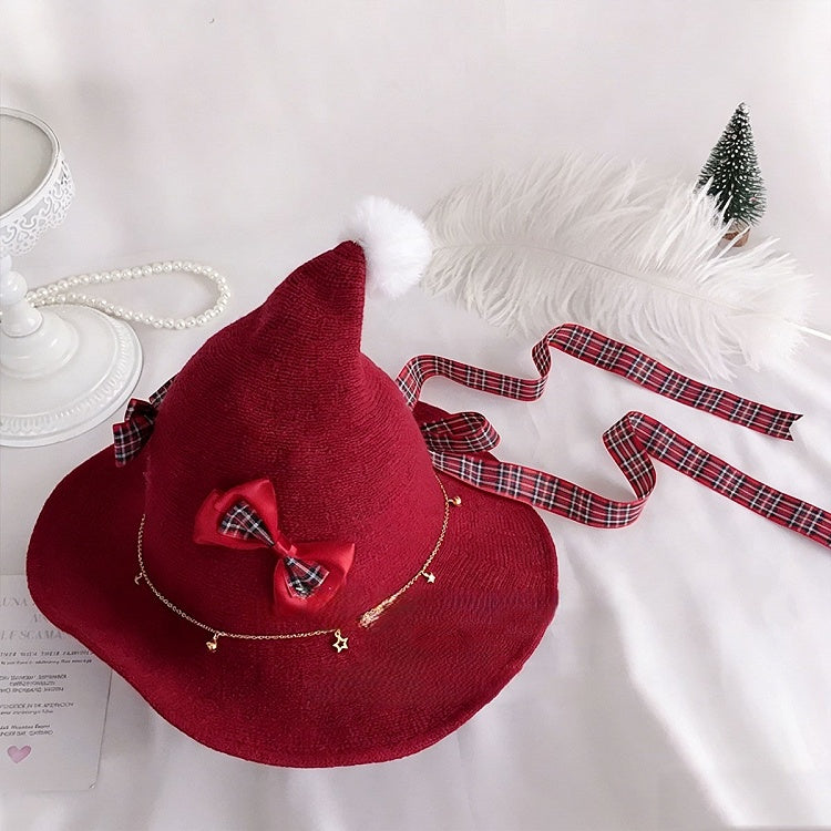 Bow Hat Plaid Pointed Red Decorated
