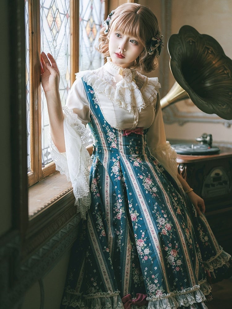 Refined Lolita Flounced Flare Sleeve Blouse with Pearl Buttons & Lace Trim - Miss Cube Dressworks