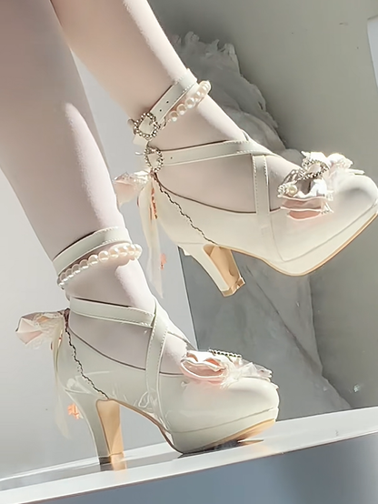 Hime Heart-shaped Design Lolita Snap Accents with Mary White Janes Rhinestone Bow