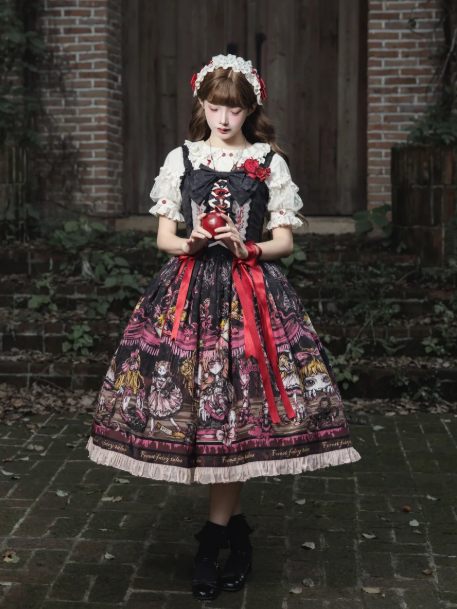 Pink Black Apple Embroidery Bow JSK Dress with Red Shoes Story - Forest Fairy Tales