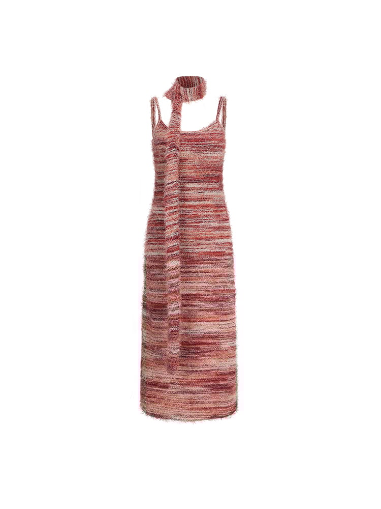 Hem Slip Dress Fringe Pink Striped Red Matching with Scarf Knit