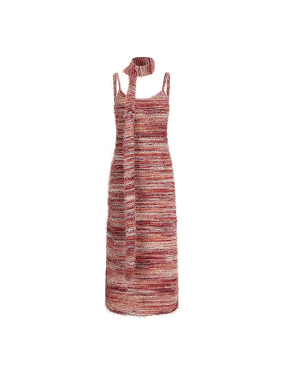 Hem Slip Dress Fringe Pink Striped Red Matching with Scarf Knit