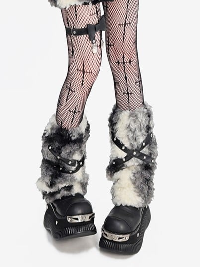Strap Design Faux Fur Leg Warmers with Crossed Khaki Beige/Black Beige