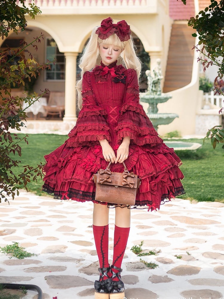 Layered Under Rüschenkleid Büste Wein Saum Schleife Gothic Akzente Lolita Rot mit