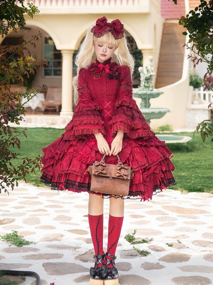 Layered Under Ruffle Dress Bust Wine Hem Bow Gothic Accents Lolita Red with