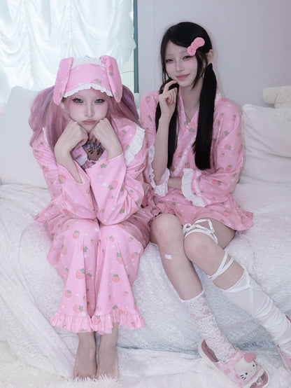 Masque à volants rose et blanc imprimé lapin fraise avec œil et oreille