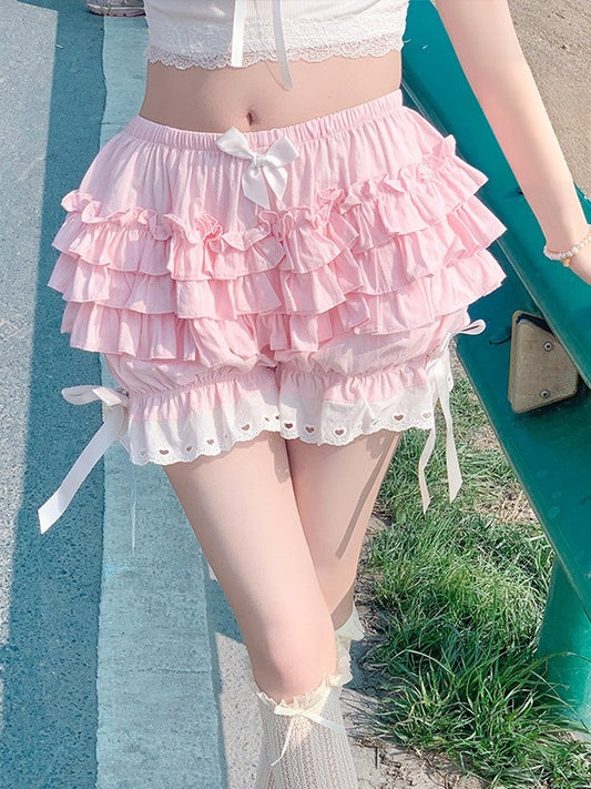Pink Layered Lace Bloomers with Bow Embellishment - Lan Jian Chuan
