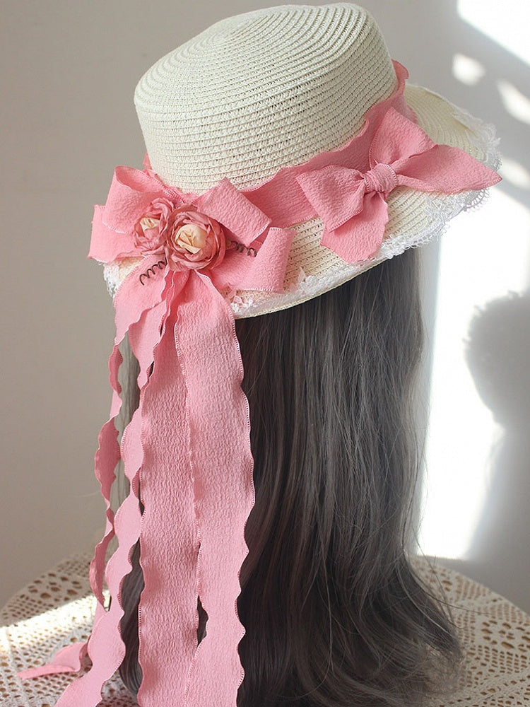 Lace Trim Floral Straw Hat