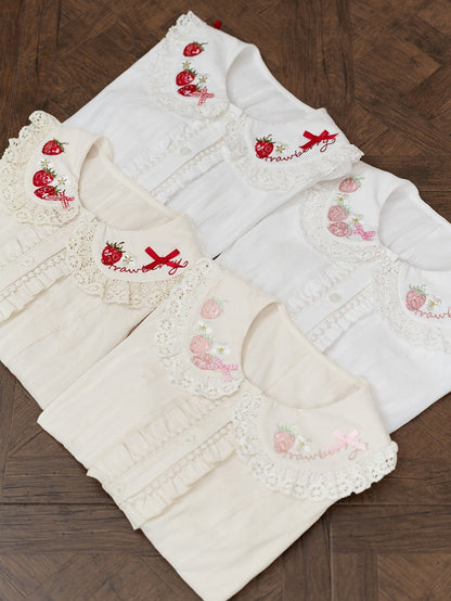 Red with Strawberry Short-Sleeve Off-White Embroidery Blouse Lolita Ruffled