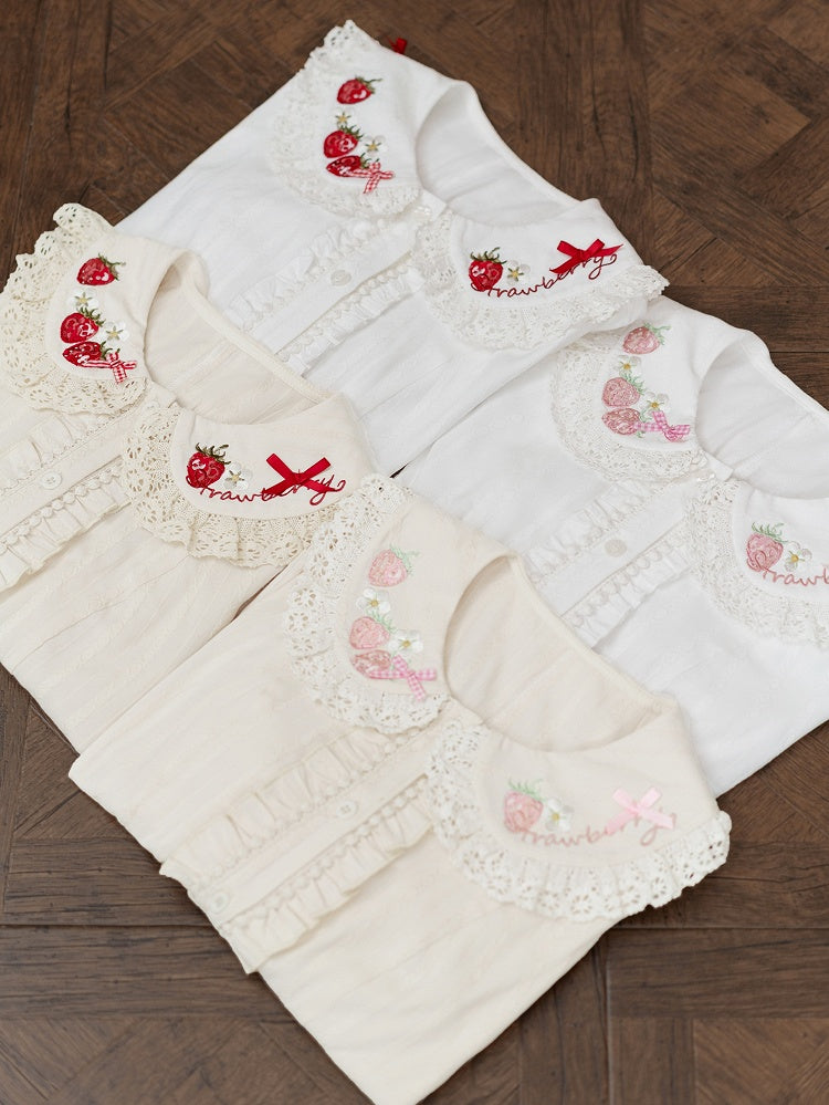 Blouse Ruffled Off-White Lolita Pink with Strawberry Embroidery Short-Sleeve
