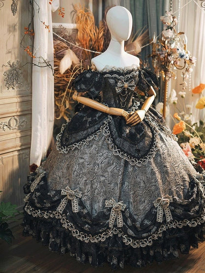 Lolita Gray Long Off-Shoulder Gown Lace Details with Ruffles Version Layered and Hime Hanayome Black Bow