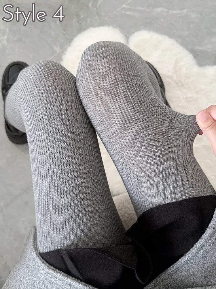 4-Style Light Gray Ribbed Tights Collection
