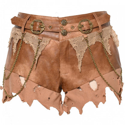 ウエストブラウンのダメージ加工ローウェイストランドパンクショーツ（チェーンアクセント付き）