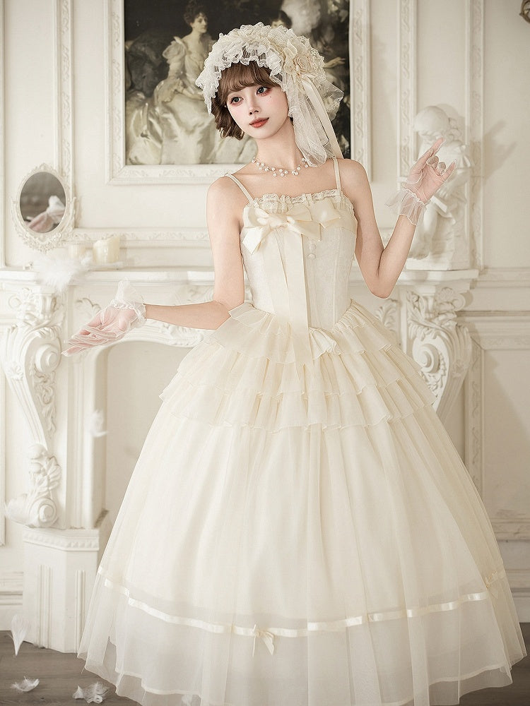 Creamy Boned Waist Elegant Lolita Long JSK Dress + Necklace + Hairband + Floral Hairclip - With PUJI