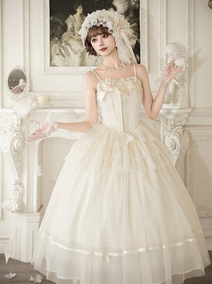 Creamy Boned Waist Elegant Lolita Long JSK Dress + Necklace + Hairband + Floral Hairclip - With PUJI