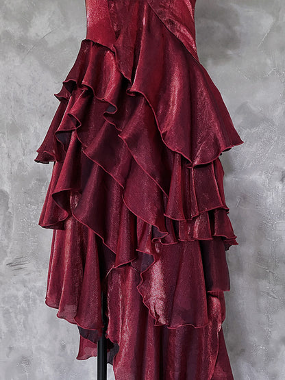 Evening Gown Red Shimmer Flounce Spaghetti Strap Prom - Eas Candy