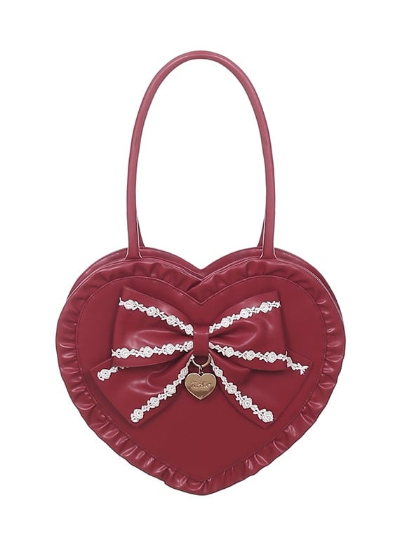 Christmas Red/Black 3-Way Heart-Shaped Handbag with Big Bow & Heart Charm