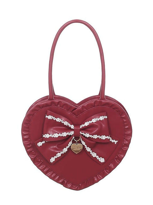 Christmas Red/Black 3-Way Heart-Shaped Handbag with Big Bow & Heart Charm