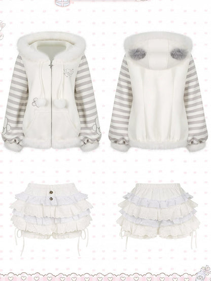 Otaku Embroidery White Hooded Jacket Moe - Gray Kitten