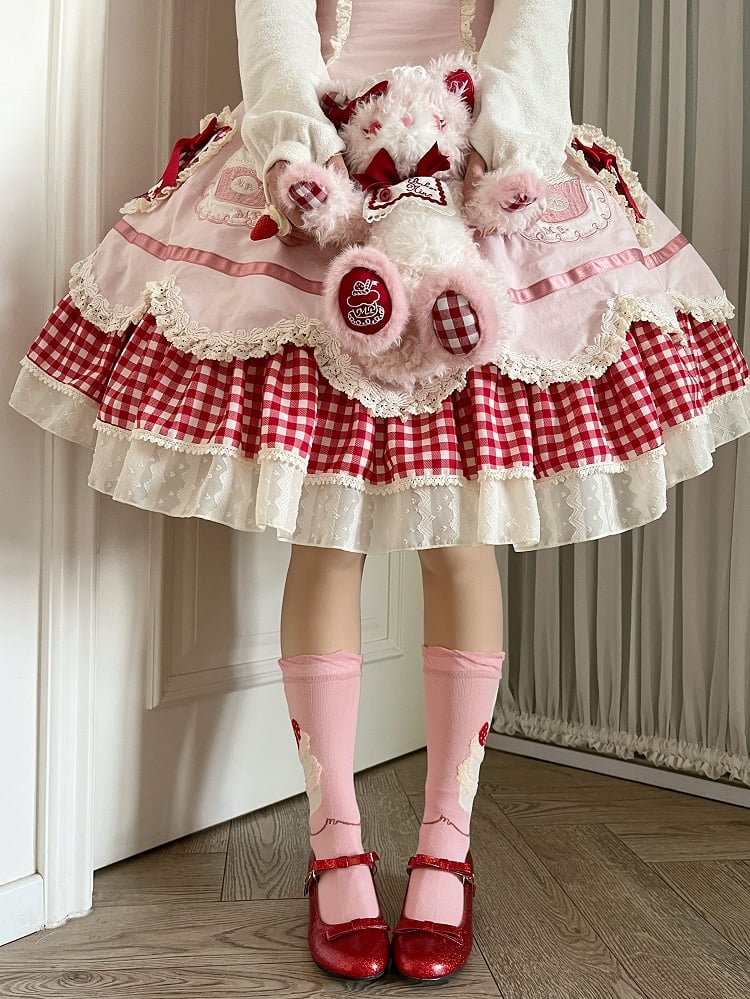 Shape Pink Embroidery Applique Lolita JSK Red Heart Hem Cake and