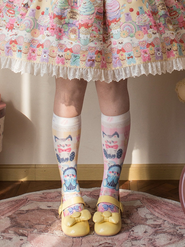 and Print Yellow Socks Pink Calf Bunny Kitty