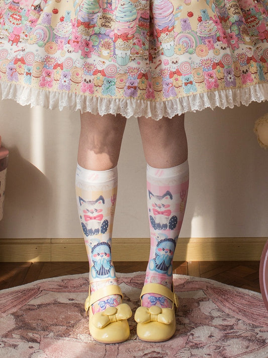 プリント入りイエローソックス ピンクカーフバニーキティ