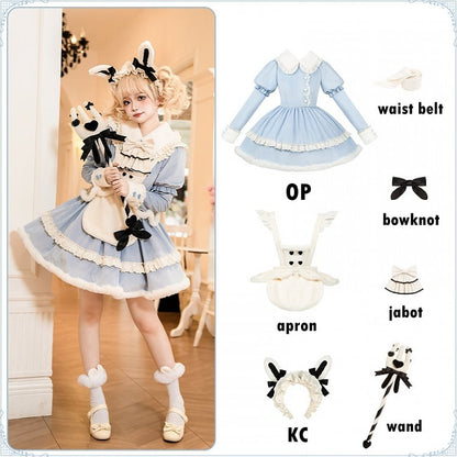 Alice Blue Long Sleeves Plush Collar and Cuffs Sweet Lolita OP Full Set