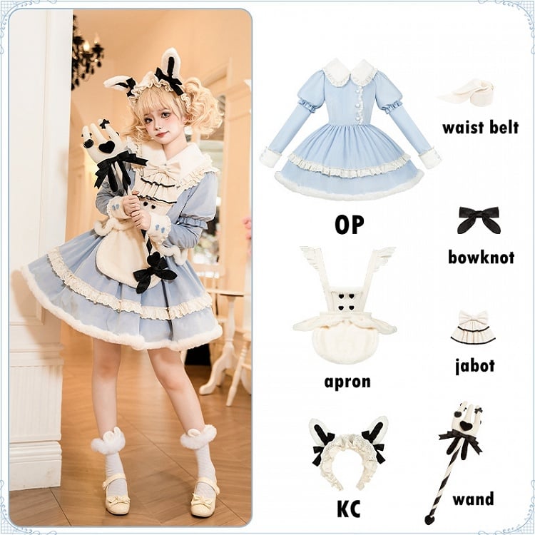 Ensemble complet Alice Blue à manches longues, col et poignets en peluche, Sweet Lolita OP