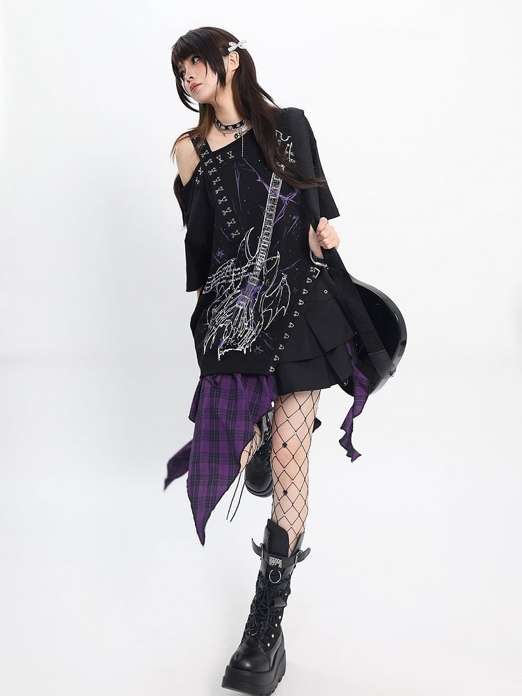 Sweet Black Guitar Print Asymmetrical Shoulder Tee with Slit