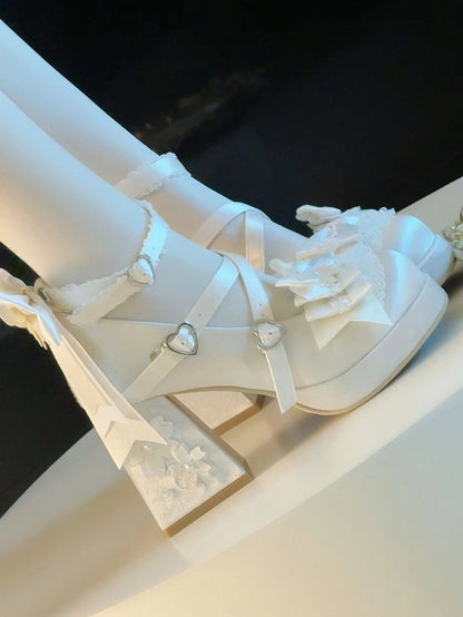Block High with Sakura Details Bowknot White Platform Themed Satin Lolita - Heels