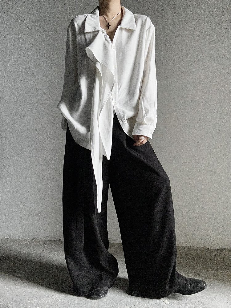 Ouji Ties Side Fit with Relaxed Black Long Wide-Leg Unisex Lolita Pants