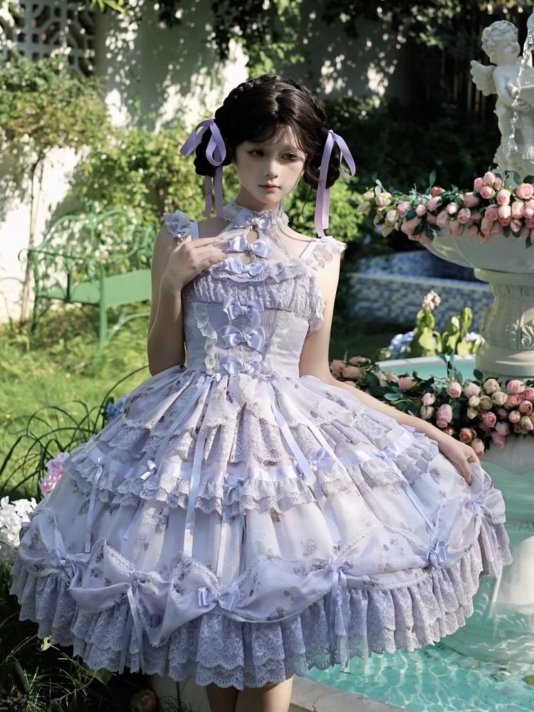 Hime Lolita Purple Dress Bows Halter with Lace Multiple Floral Neck Print Ruffles and