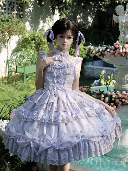 Hime Lolita Purple Dress Bows Halter with Lace Multiple Floral Neck Print Ruffles and