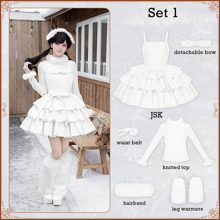 + Full Accessories Top - Sweet Lolita Winter Fluffy Dress Coat/Overdress JSK Knitted White Set All