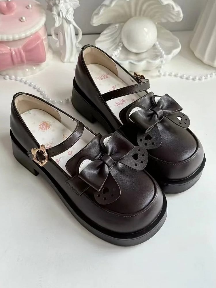 in Style Bear-shaped PU Preppy Bear and Ear Fastener Matte Shoes Removable Bow Brown Mid-heel Leather