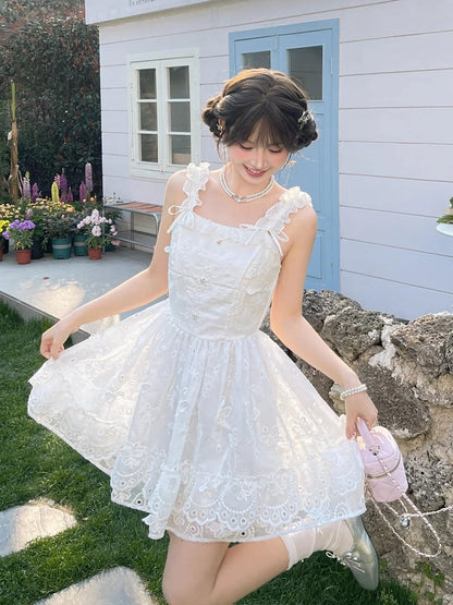 Sleeveless Dress Embellished Sweet White Ruffled Square Neckline Butterfly