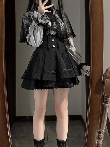 Skirt Kei High-Waist Tiered Heart-Shaped Accents Black Button with Jirai