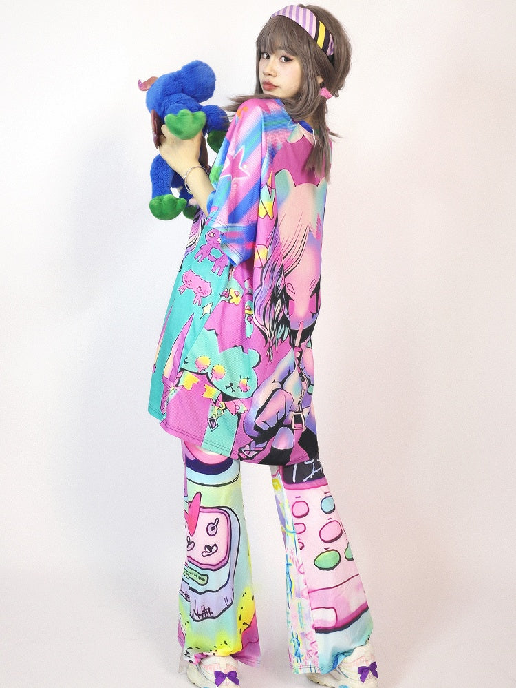 ギャルのカラフルな漫画のショートストライプファッションパターンプリントスリーブTシャツ