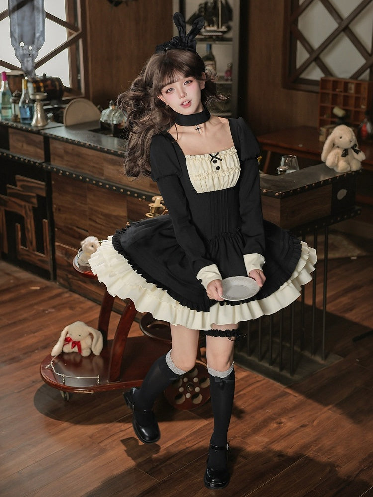 Elegant Black OP Dress Set with Ruffle Square Neckline, Mini Hat, Choker & Leg Ring - With PUJI