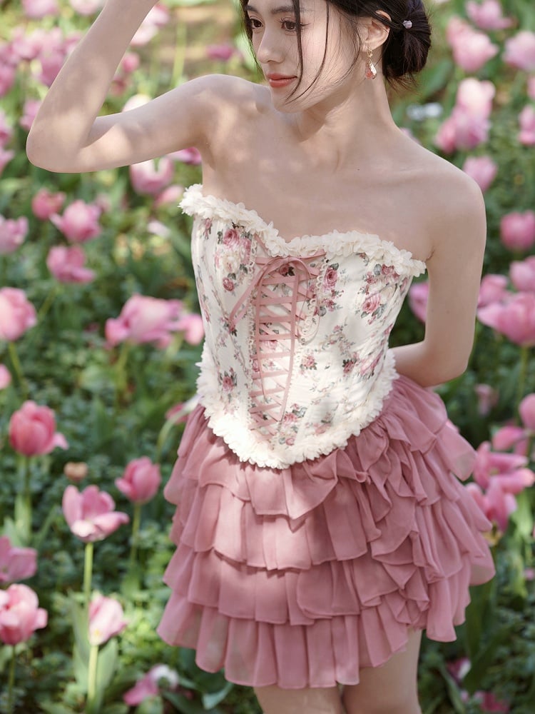 Balletcore-Croset-Oberteil mit Schnürung vorne und hinten und Blumenmuster